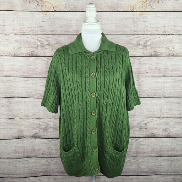 Women L.L. Bean Double L Sweater Collared Short Sleeve Cable Knit Button NWT 2X - Picture 7 of 8